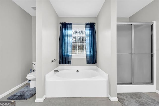 full bath with baseboards, toilet, tile patterned floors, a garden tub, and a shower stall