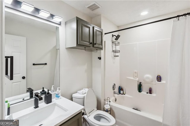 full bathroom with toilet, visible vents, shower / tub combo with curtain, and vanity