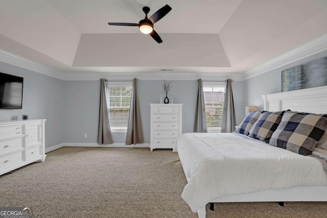 bedroom with a raised ceiling, multiple windows, and light carpet