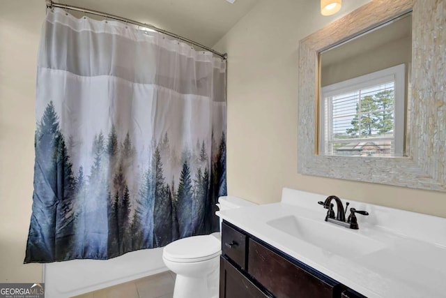 bathroom with toilet, tile patterned flooring, a shower with shower curtain, and vanity