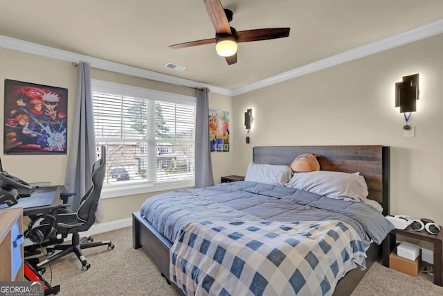 bedroom with visible vents, baseboards, light colored carpet, ceiling fan, and crown molding