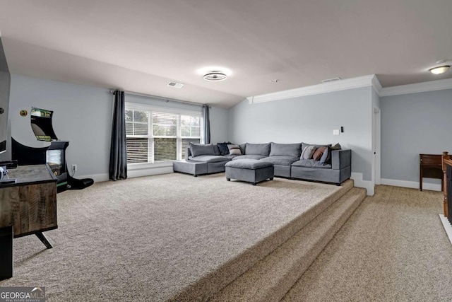 living room featuring carpet floors, ornamental molding, visible vents, and baseboards