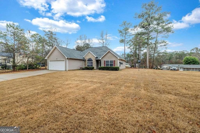 single story home featuring a garage, concrete driveway, and a front lawn