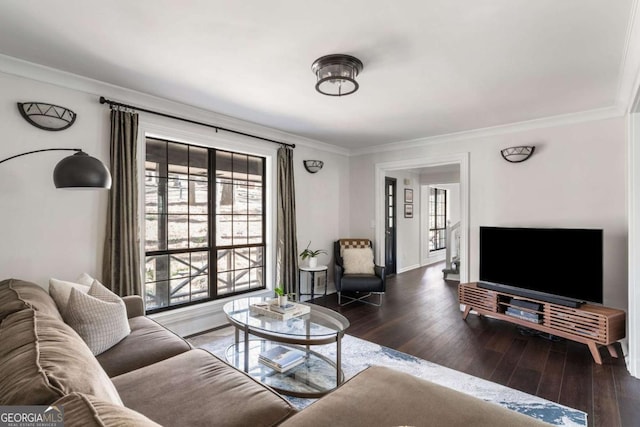 living room featuring ornamental molding and wood-type flooring