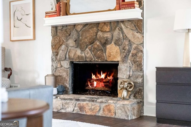 interior details with a stone fireplace