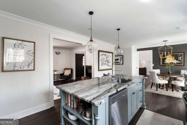 kitchen with light stone countertops, baseboards, dark wood finished floors, and dishwasher