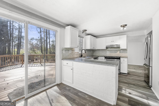 kitchen with stainless steel appliances, backsplash, a sink, and white cabinetry