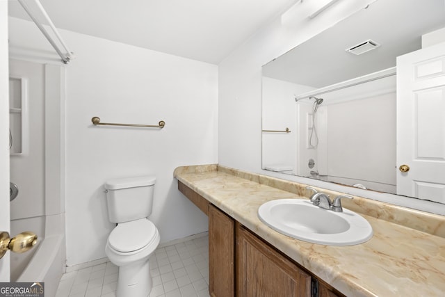 bathroom featuring visible vents, toilet, tile patterned floors, bathtub / shower combination, and vanity