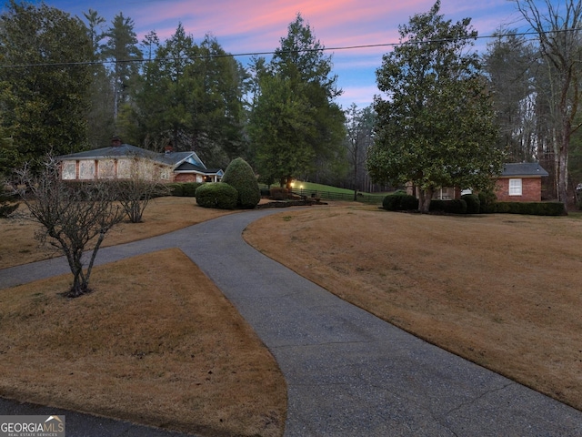 view of yard featuring fence and curved driveway