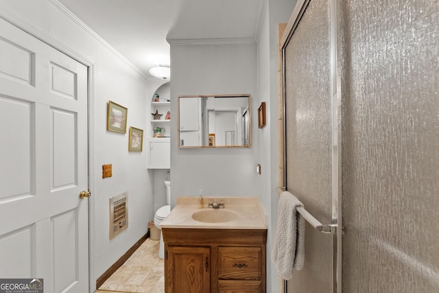 bathroom featuring ornamental molding, a shower stall, toilet, and heating unit