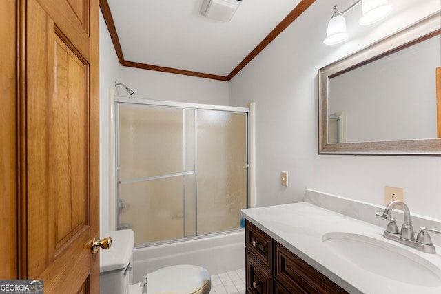 full bathroom with bath / shower combo with glass door, toilet, ornamental molding, vanity, and tile patterned flooring