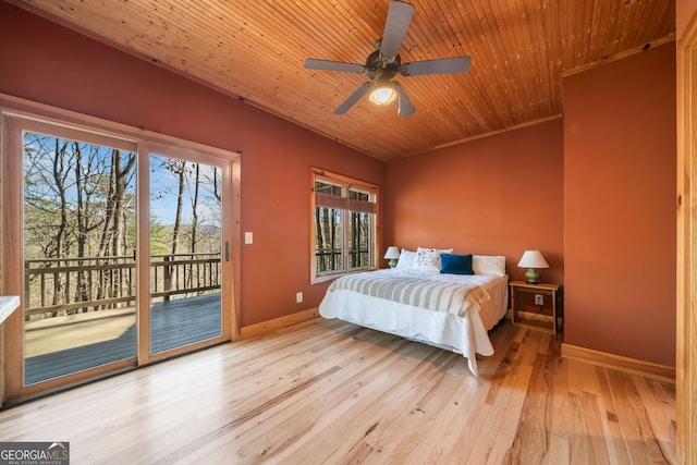 bedroom featuring access to outside, wooden ceiling, baseboards, and wood finished floors