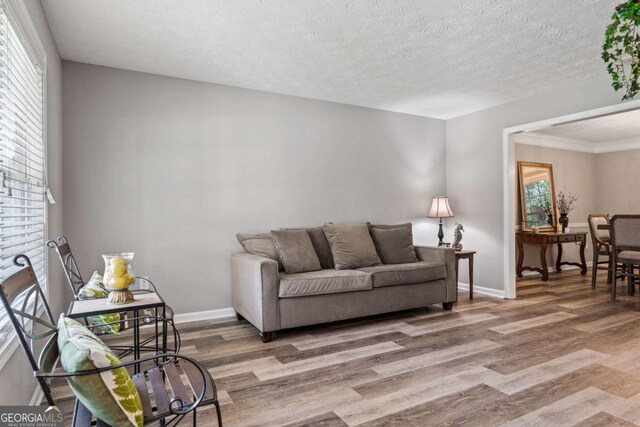 living area with a textured ceiling, wood finished floors, and baseboards