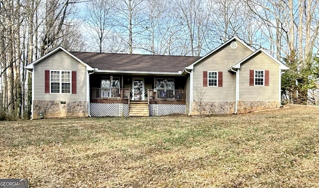 ranch-style house with crawl space, a porch, and a front lawn