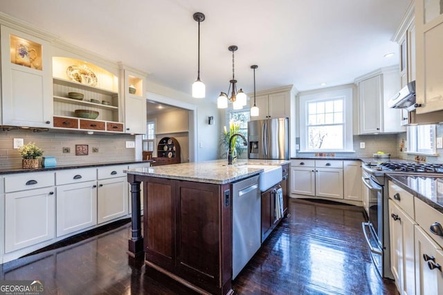 kitchen with an island with sink, decorative light fixtures, light stone countertops, stainless steel appliances, and under cabinet range hood