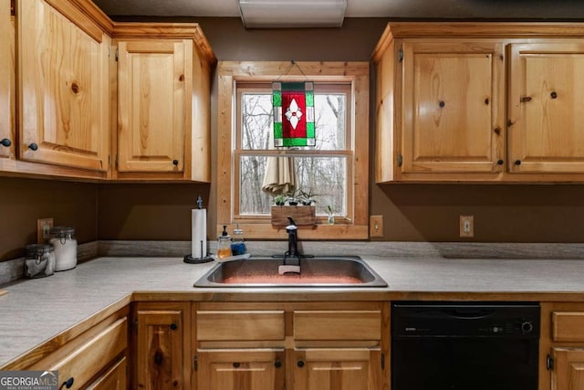 kitchen featuring black dishwasher, light countertops, and a sink