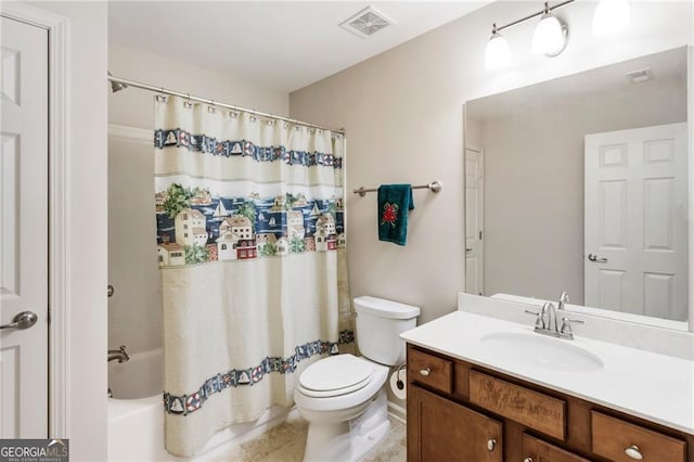 bathroom with shower / bath combination with curtain, visible vents, vanity, and toilet