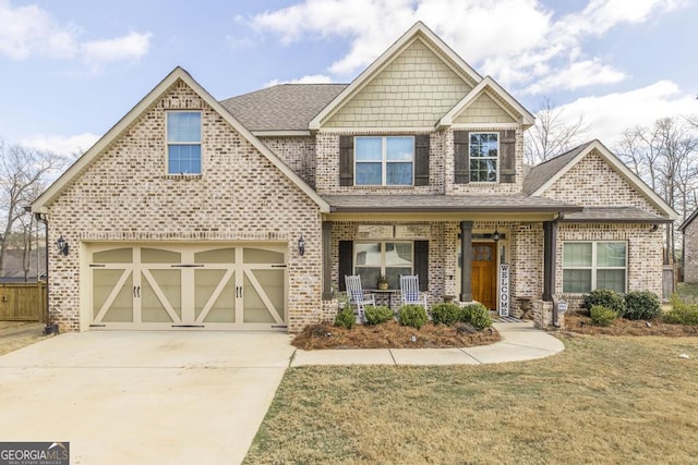 craftsman-style house with a garage, a porch, concrete driveway, and brick siding