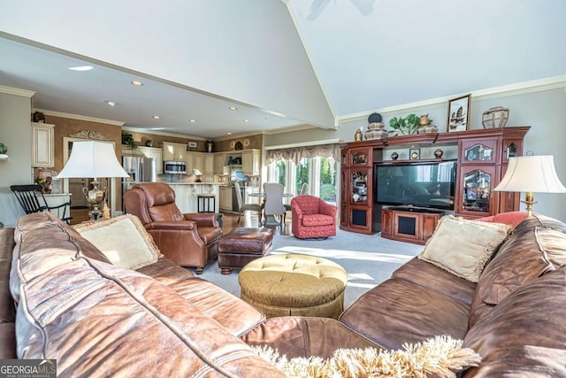 living area featuring ornamental molding, a high ceiling, carpet flooring, and recessed lighting