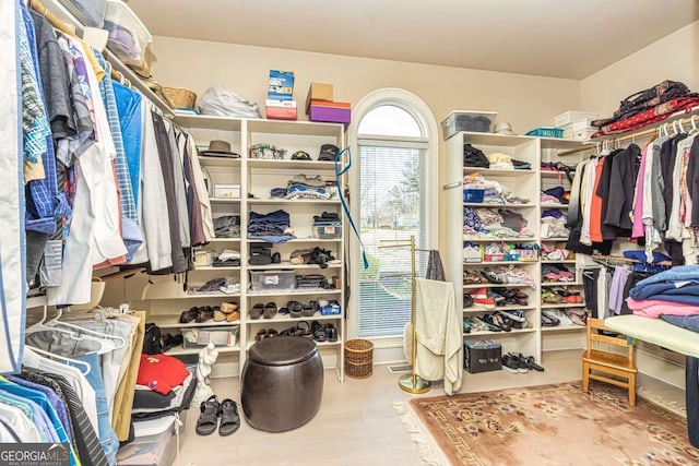 walk in closet with wood finished floors