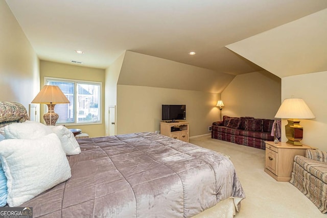 bedroom featuring light carpet, recessed lighting, visible vents, and lofted ceiling