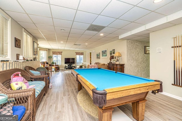 playroom featuring a paneled ceiling, billiards, baseboards, and wood finished floors