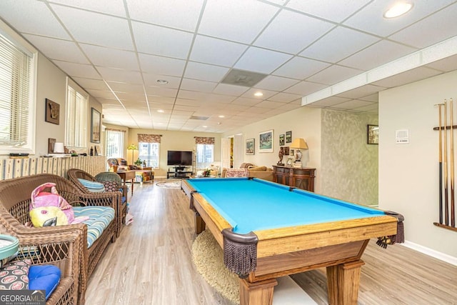 recreation room featuring a drop ceiling, recessed lighting, billiards, wood finished floors, and baseboards