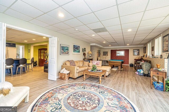 living room featuring recessed lighting, pool table, a paneled ceiling, and wood finished floors