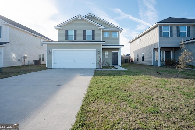 traditional-style home featuring an attached garage, central AC, driveway, and a front lawn