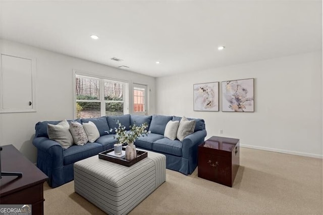 living room with light carpet, baseboards, visible vents, and recessed lighting