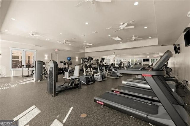 workout area featuring ceiling fan and recessed lighting