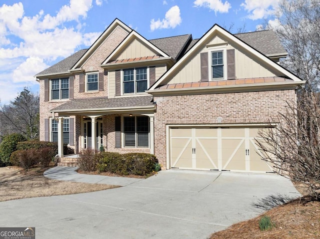 view of front of property featuring a porch, an attached garage, brick siding, driveway, and board and batten siding