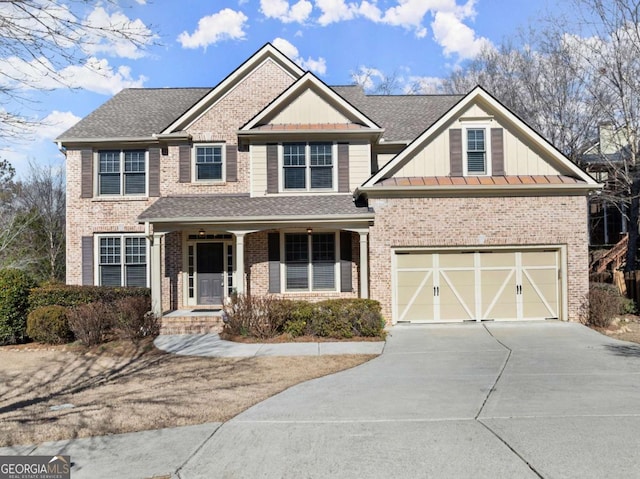 view of front of home with concrete driveway, brick siding, an attached garage, and roof with shingles