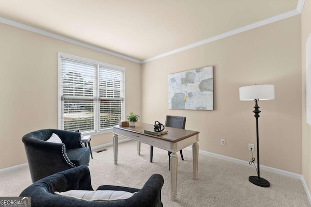 office featuring light colored carpet, visible vents, crown molding, and baseboards