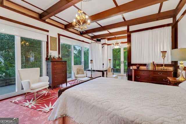 bedroom with a chandelier, access to outside, and beamed ceiling