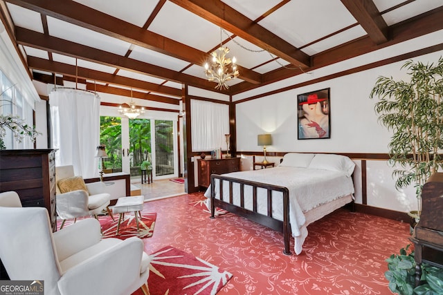 bedroom featuring a notable chandelier and beamed ceiling