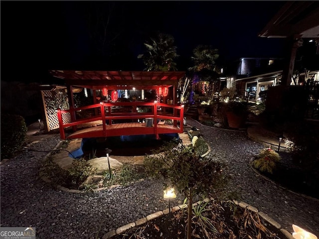 patio at twilight with a pergola