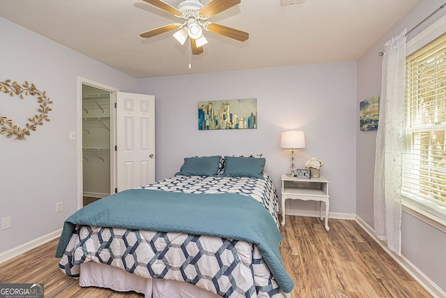 bedroom featuring ceiling fan, a spacious closet, baseboards, and wood finished floors