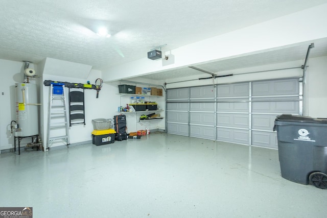 garage with a garage door opener and gas water heater