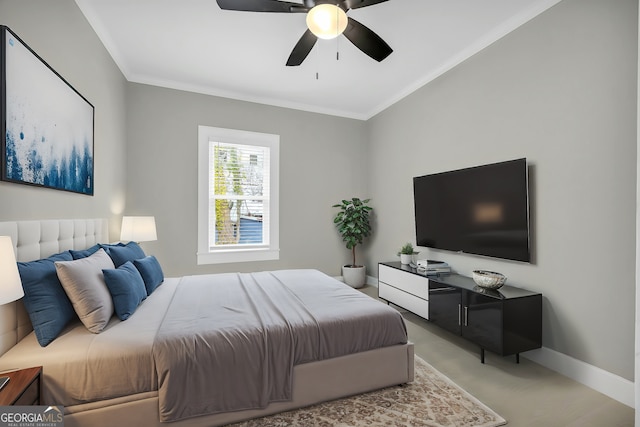 bedroom with baseboards, light carpet, a ceiling fan, and crown molding