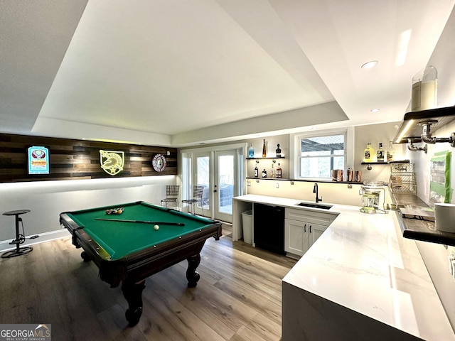 5390 Whiporwill Dr, Gainesville, GA 30504 - rec room featuring light wood-type flooring, billiards, french doors, wet bar, and recessed lighting