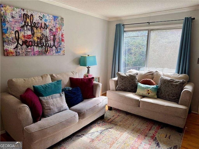 living room with crown molding, a textured ceiling, and wood finished floors