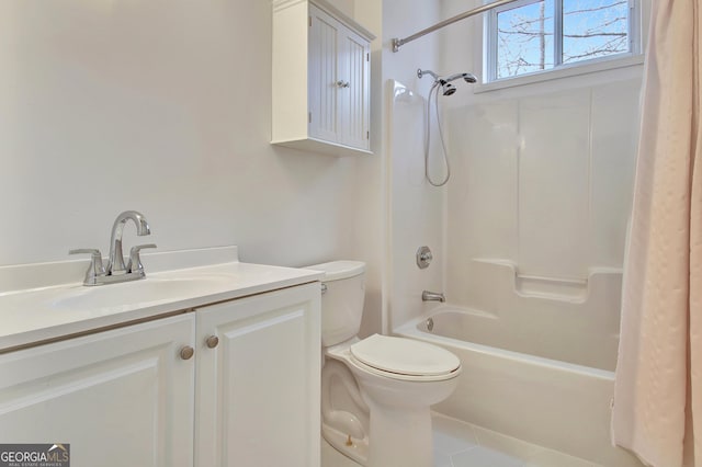 bathroom featuring shower / bath combination with curtain, vanity, and toilet