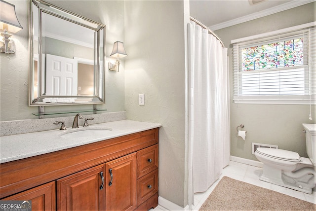 full bathroom with visible vents, toilet, ornamental molding, tile patterned floors, and vanity