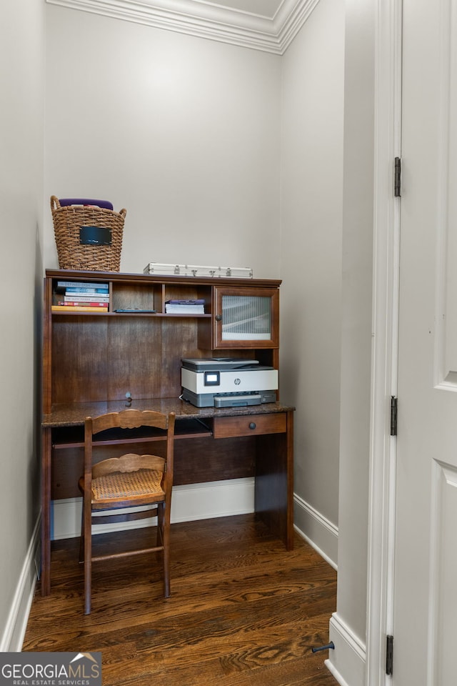 office area with crown molding, baseboards, and wood finished floors