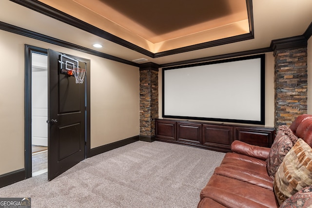 carpeted cinema room with baseboards, a tray ceiling, and crown molding