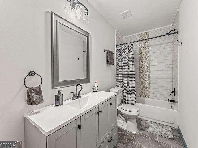 full bath featuring marble finish floor, shower / bath combination with curtain, visible vents, toilet, and vanity