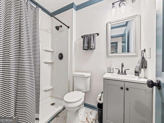 full bath featuring a shower, marble finish floor, toilet, vanity, and baseboards