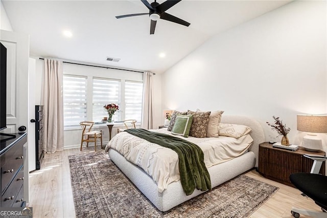 bedroom featuring lofted ceiling, recessed lighting, visible vents, ceiling fan, and light wood-type flooring