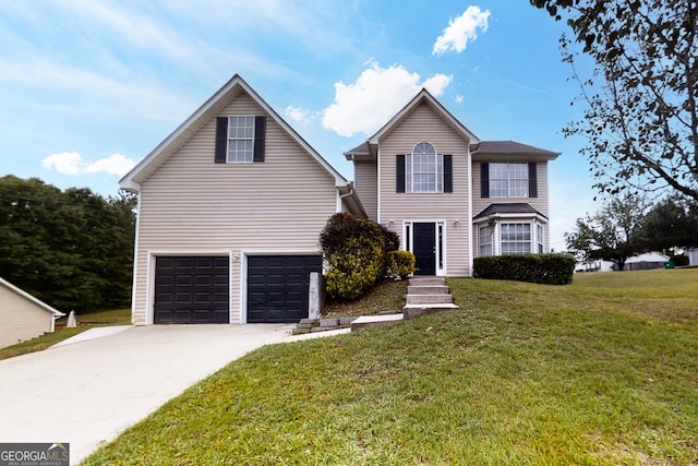 traditional-style home with concrete driveway, a front lawn, and an attached garage